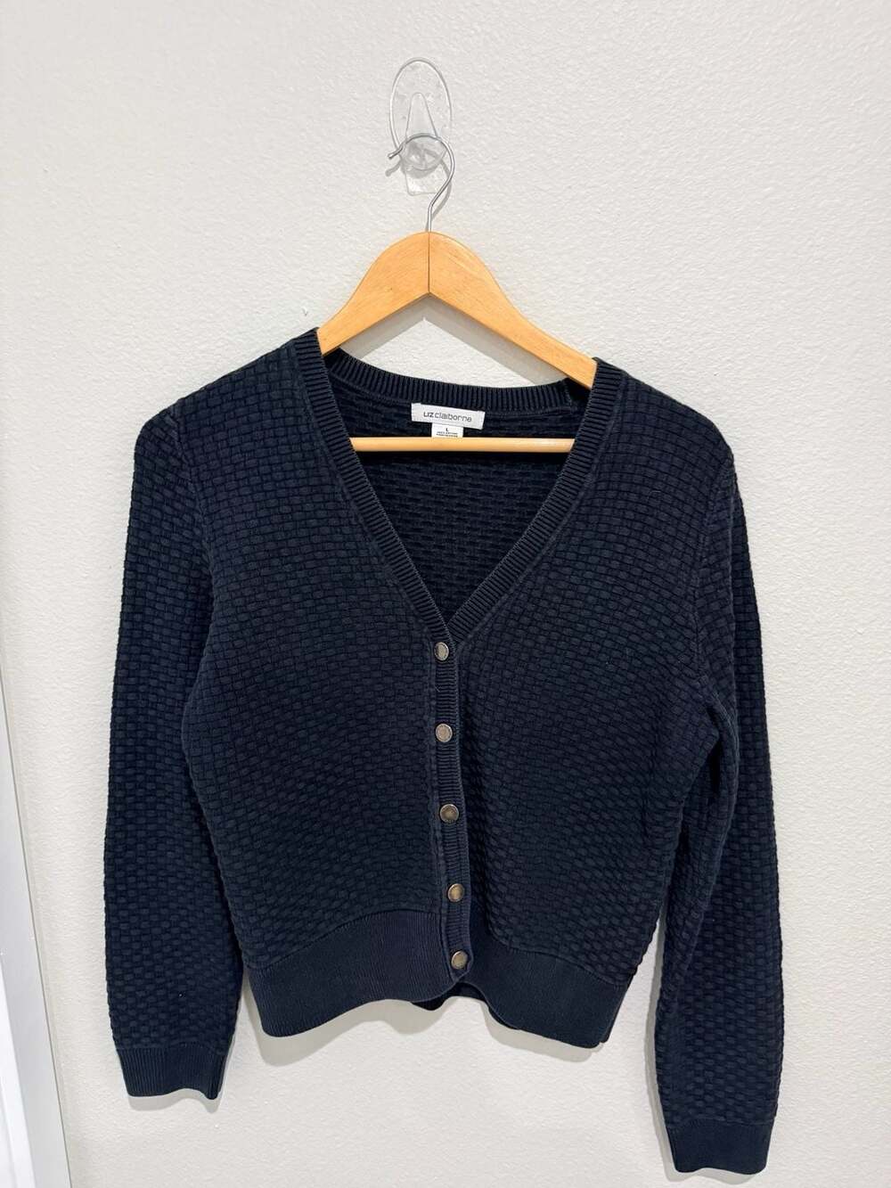 Liz Claiborne Cardigan Size L Black Cotton Snap Basket Weave